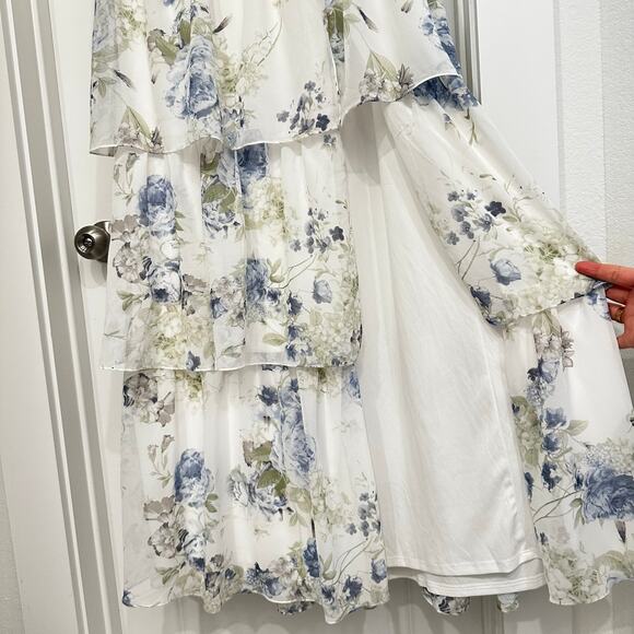 NEW Dessy Collection Bustier Ruffle Evening Gown in Bleu Garden Print Size 2 - Picture 5 of 9